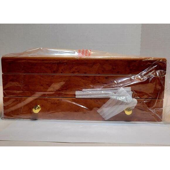 Honey Colored Wood Inlay Jewelry Box Plush Lining 2 Tier multiple storage areas - Picture 6 of 12